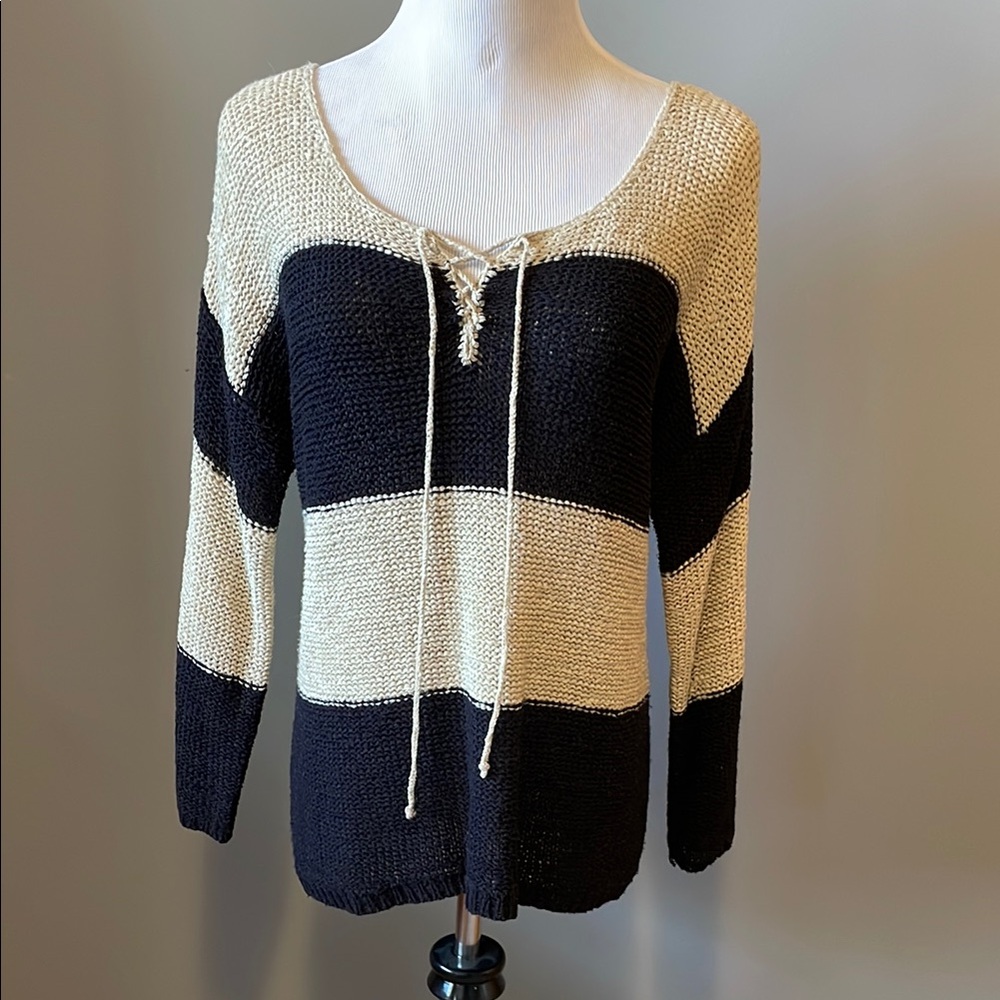 LOFT Black and Cream V-Neck Sweater with Lace-Up Detail